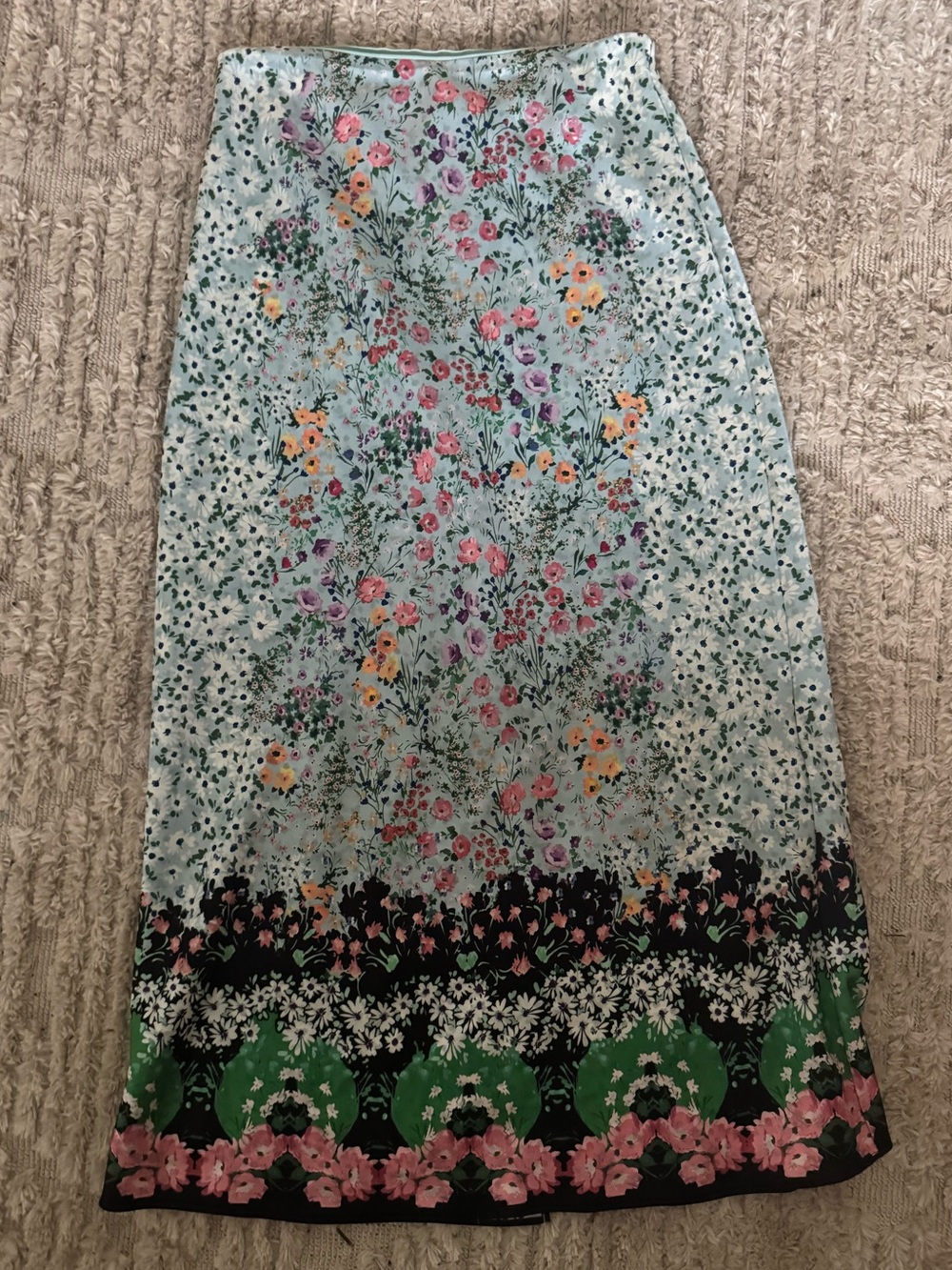 Alice + Olivia Silk Pastel Blue Floral Midi Skirt with Multi-Color Border - Picture 2 of 5